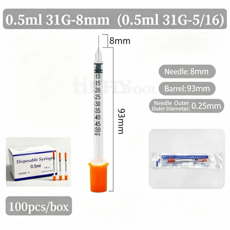 100pcs/box 0.3ml/0.5ml/1ml Disposable Sterile Syringes with 31G 6mm 8mm 29G 13mm 30G Needles for Lab Measuring Pet Feeding