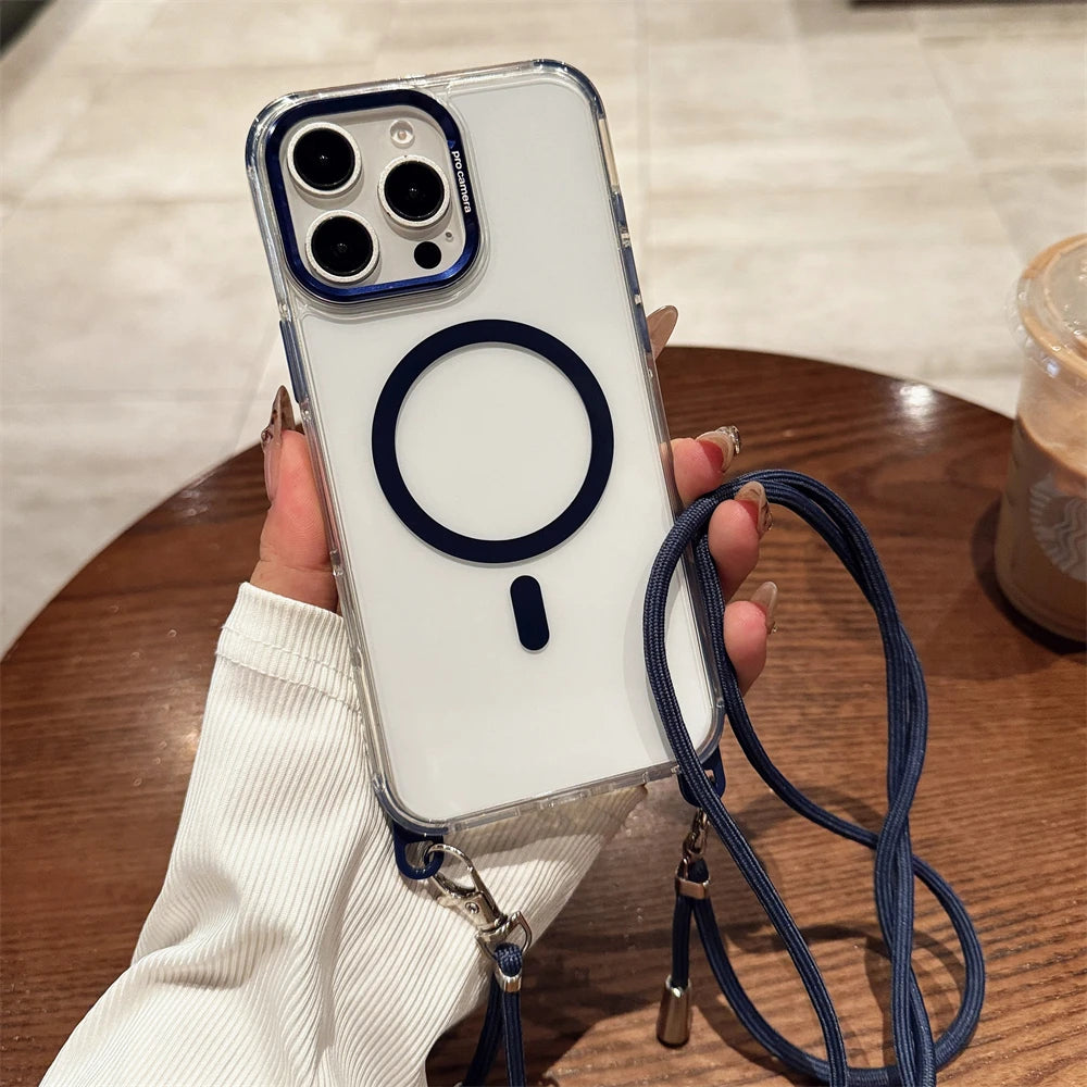 Crossbody Lanyard Necklace Transparent Magnetic For Magsafe Case for iPhone 17 15 11 12 13 14 16 Pro Max Plus Anti-lost Cover