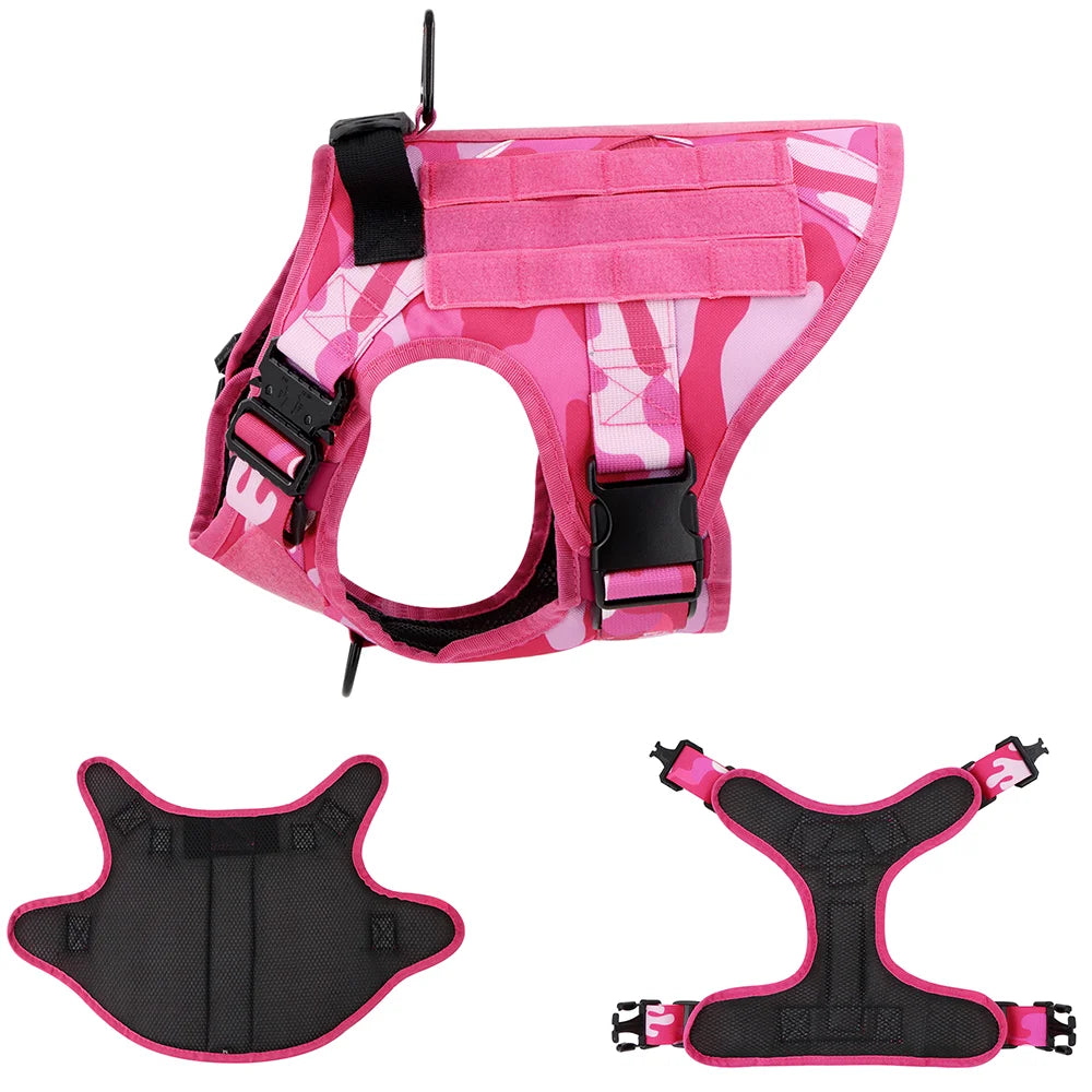 Tactical Pink Dog Harness Leash Set for Medium to Large Dog Adjustable Chest Strap Heavy-Duty Nylon for Outdoor Training Walking