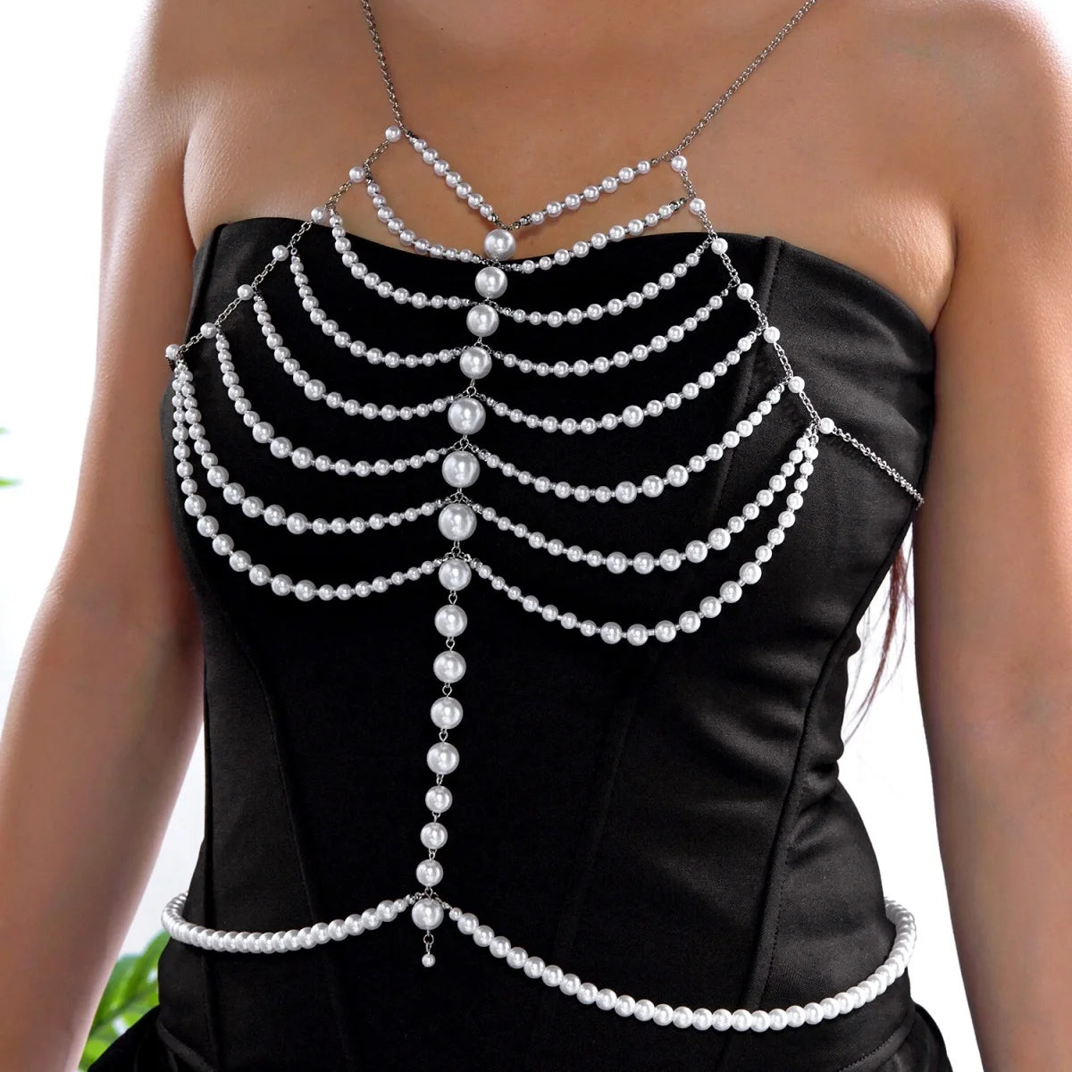 Elegant Simulated Pearl Beaded Halter Waist Chest Chain For Women Summer Beach Club Party Pearl Beads Body Chain Body Jewelry