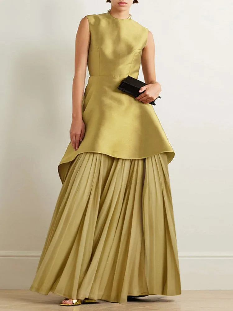 Women's Gold Elegant Evening Dress Round Neck Sleeveless High Waist Pleated A-line Party Dresses Floor Length Wedding Dress