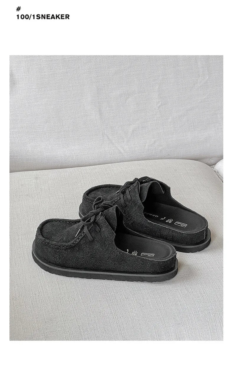 2025 Retro bag head lace-up leather one-pedal summer half slippers men and women couple cowhide shoes