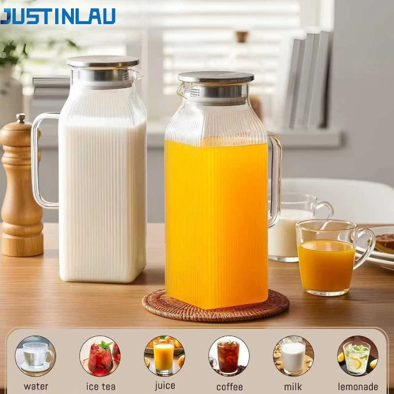 JUSTINLAU 1.2/2L Cold Water Jug High Borosilicate Glass Water Pitcher for Steamed Juice Fruit& Iced Tea Home Kitchen Accessories