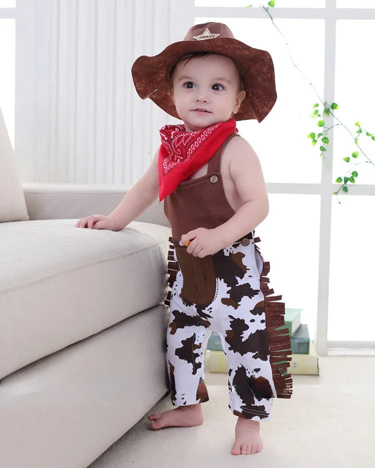 Baby Boys Western Cowboy Romper Sets with Scarf and Hat Toddler Carnival Fancy Dress Cosplay Party Costume Infant Outfitts