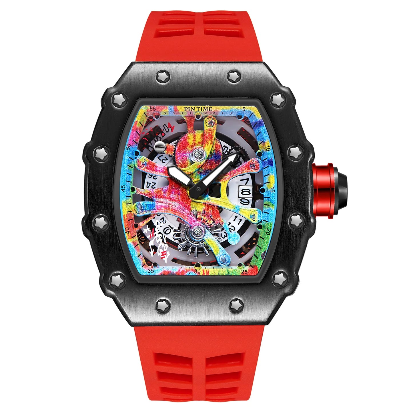 High-end Colored Hip Hop Dial  PINTIME Watch for Men Silicone Strap Stainless Steel Case Fashion Waterproof Quartz Wristwatch