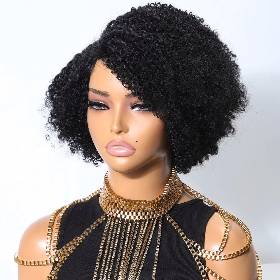 Lekker Short Pixie Afro Kinky Curly C Part Lace Bob 100% Human Hair Wigs For Women Brazilian Remy Hair Glueless Daily Black Wigs