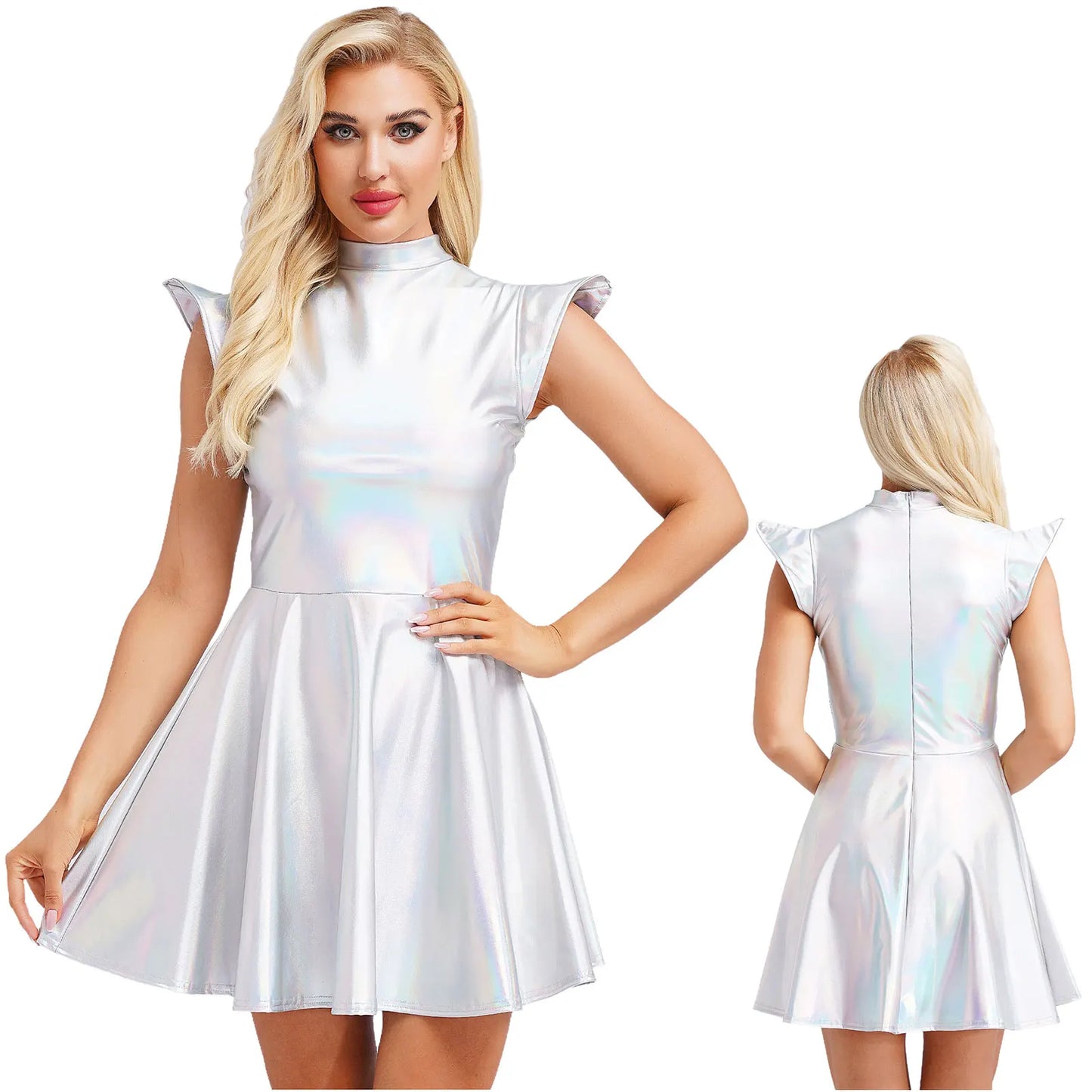 Womens High Waist A-line Dress Shiny Metallic Mock Neck Cap Sleeve Dress Modern Pole Dance Rave Party Bar Club Wear Street Wear