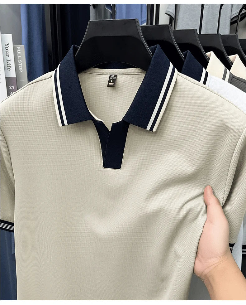 Light luxury summer new short sleeve polo shirt silky breathable high-end men's fashion personalized color blocked lapel T-shirt