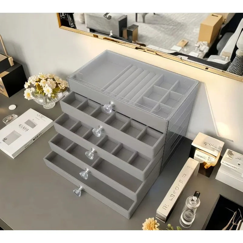New 5 Layers Gray Jewelry Storage Box Drawer Design Large Capacity Anti-oxidation Organizer for Women Accessories