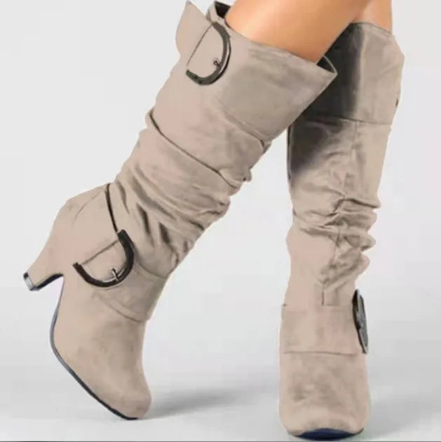 Women's Boots Mid Calf New Fashionable Bohemian Boots Square Heel European and American Belt Buckle Metal Decoration Women Shoes