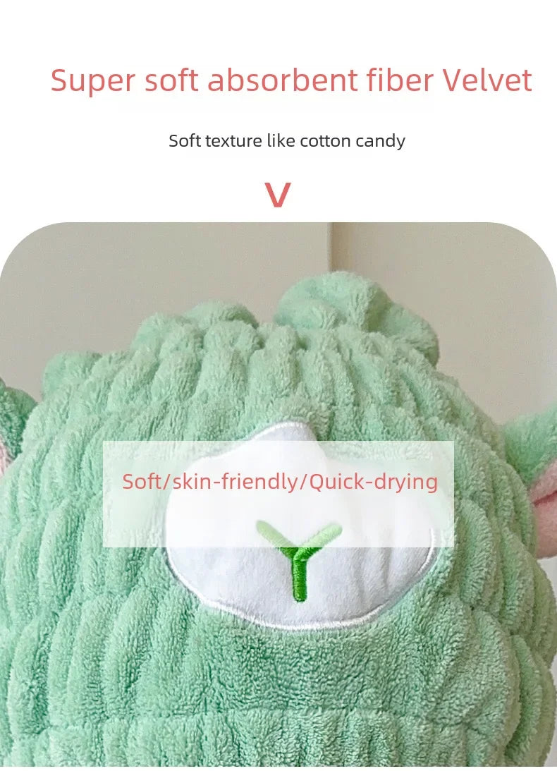 Coral Fleece Cartoon Kids Hair Drying Hat Animal Embroidered Shower Cap Absorbent Quick Dry Tape Cute Bathroom Accessory Soft