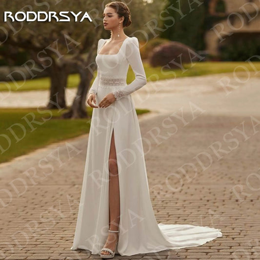 RODDRSYA Square Neck Long Sleeves Woman Wedding Dresses Boho Elegant A Line Open Back Bridal Dress Customized vestido de noiva