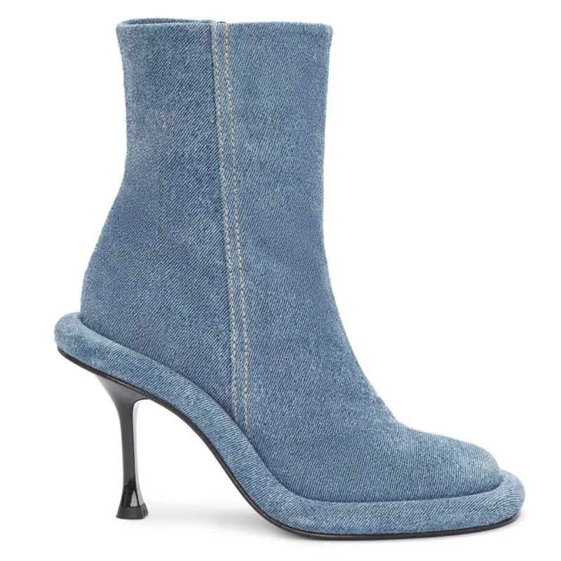 2025Women's New Slim High-heeled Knee High Boots with Side Zipper Round Toe 34-43 Large Mid Length Boots