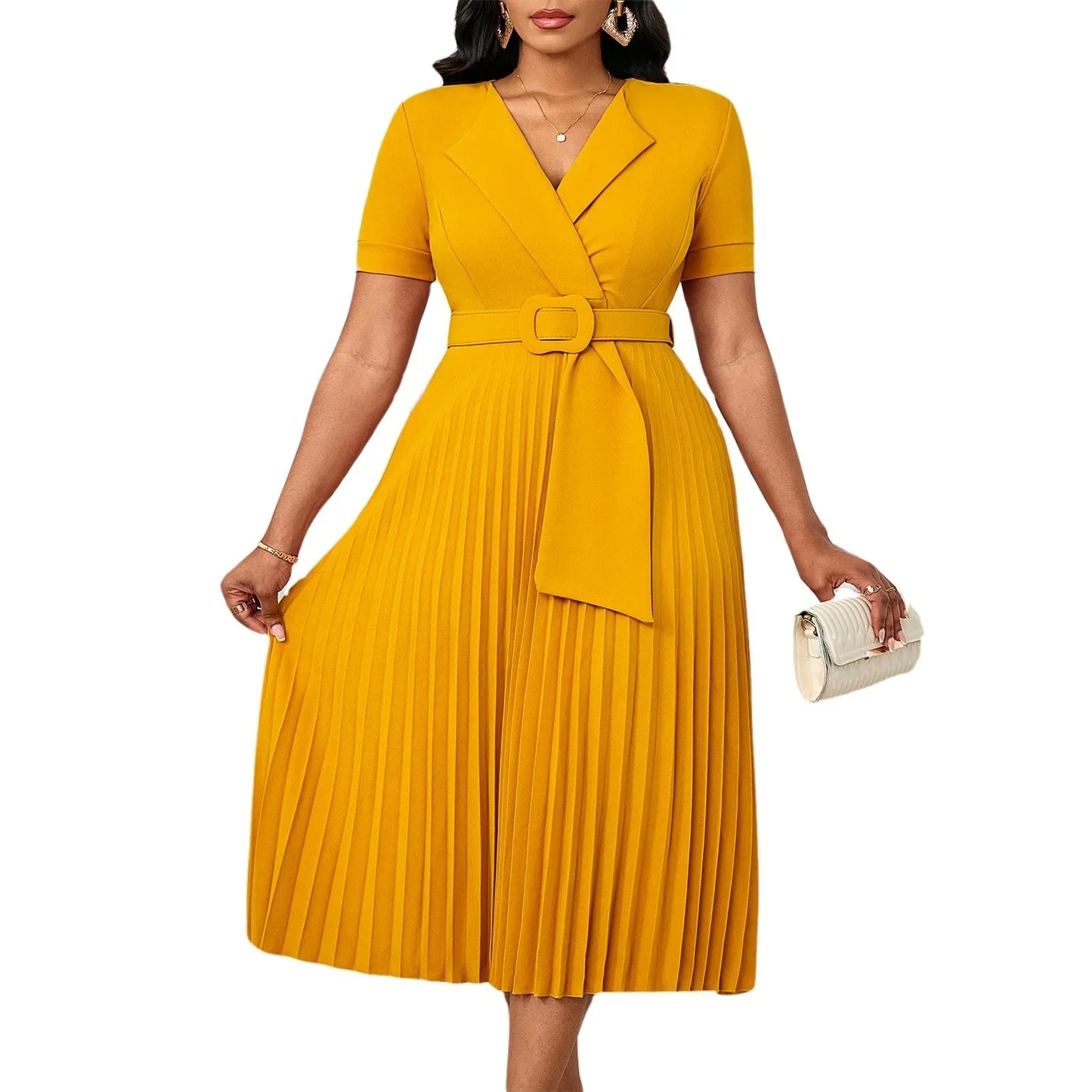 Sexy Short Sleeve V-Neck Elegant African Pleated Dress High Waist Midi Dress Fashionable Atmosphere Casual Elegant Style