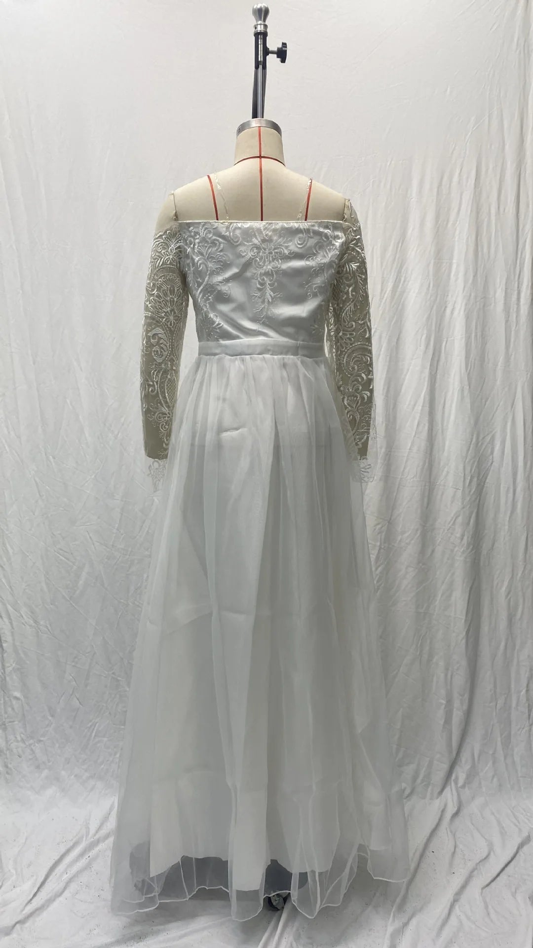 Fashionable Slim Fit V-Neck Lace Trimmer Wedding Dress with Train Elegant Style Polyester Fabric High Waist Long A- Line Skirt