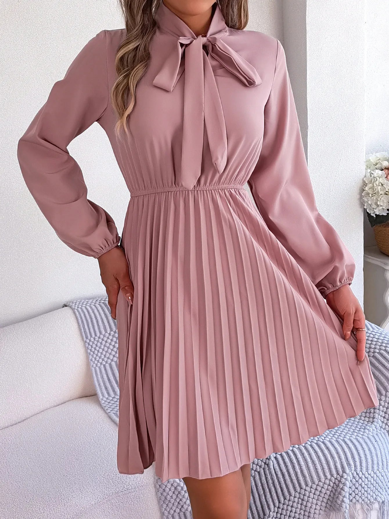 Women Fall Vacation Elegance V Neck Solid Tie Waist Ruffle Hem Pleated Midi Dress Long Sleeve Wedding Dress