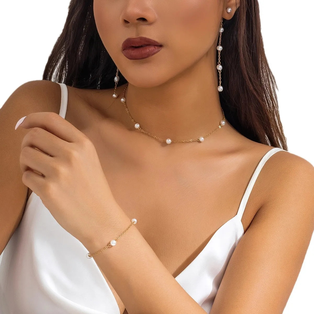 Minar Classic Imitation Pearl Jewelry Sets for Women 14K Real Gold Plated Brass Chain Strand Chokers Necklaces Bracelet Earrings