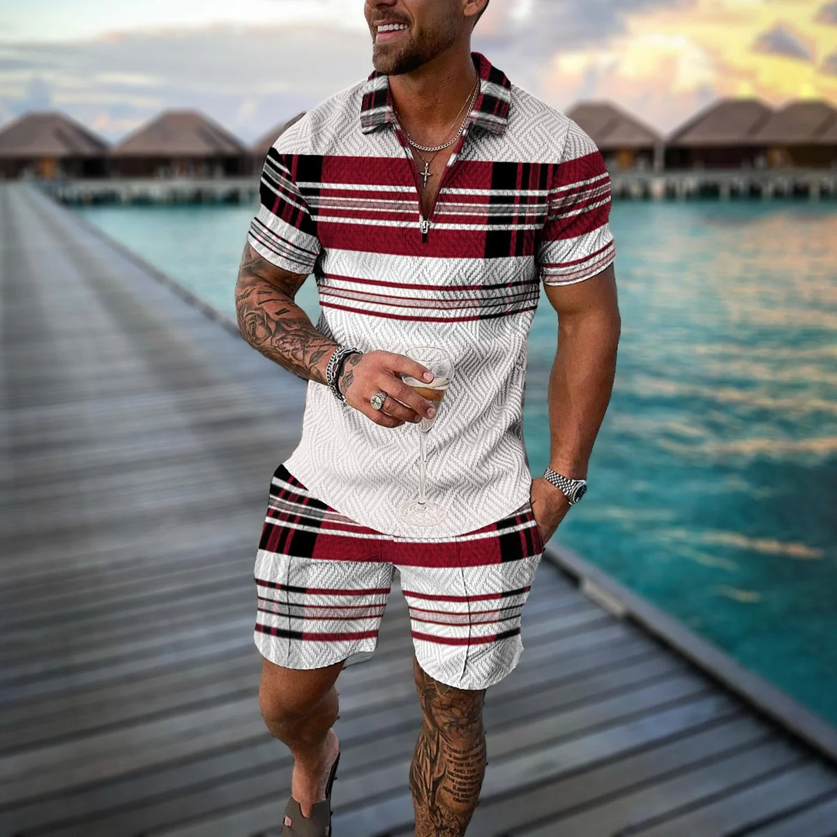 Men Tracksuit Summer New 3D Printed Beach Zipper Polo Shirts Shorts 2 Pcs Sets Boho Geometric Style Holiday Clothing Ropa Hombre