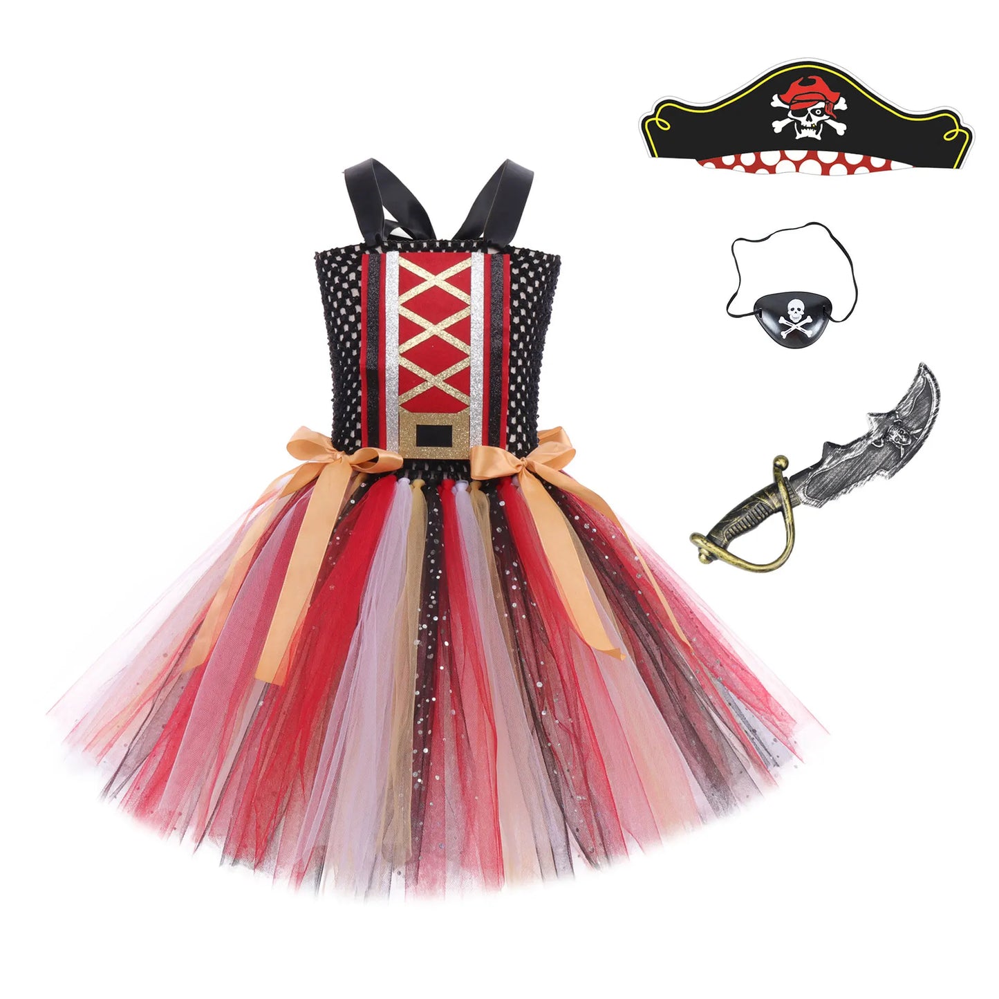 2-12Yrs Children Cosplay Villain Costume Tutu With Hat Girls Halloween Party Outfit Black Red Off Shoulder Princess Pirate Dress