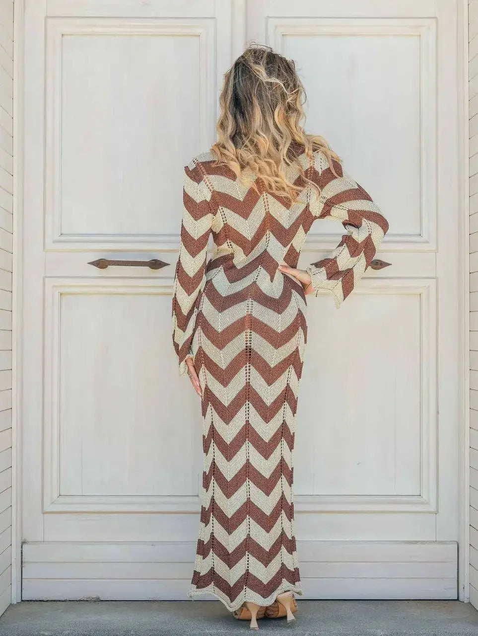 2025 Women's  Stripled Long Sleeve Slim Elegant Knitted Maxi Dress V Neck Autumn New Lace Up Hollow Sexy Beach Cover Up Dress