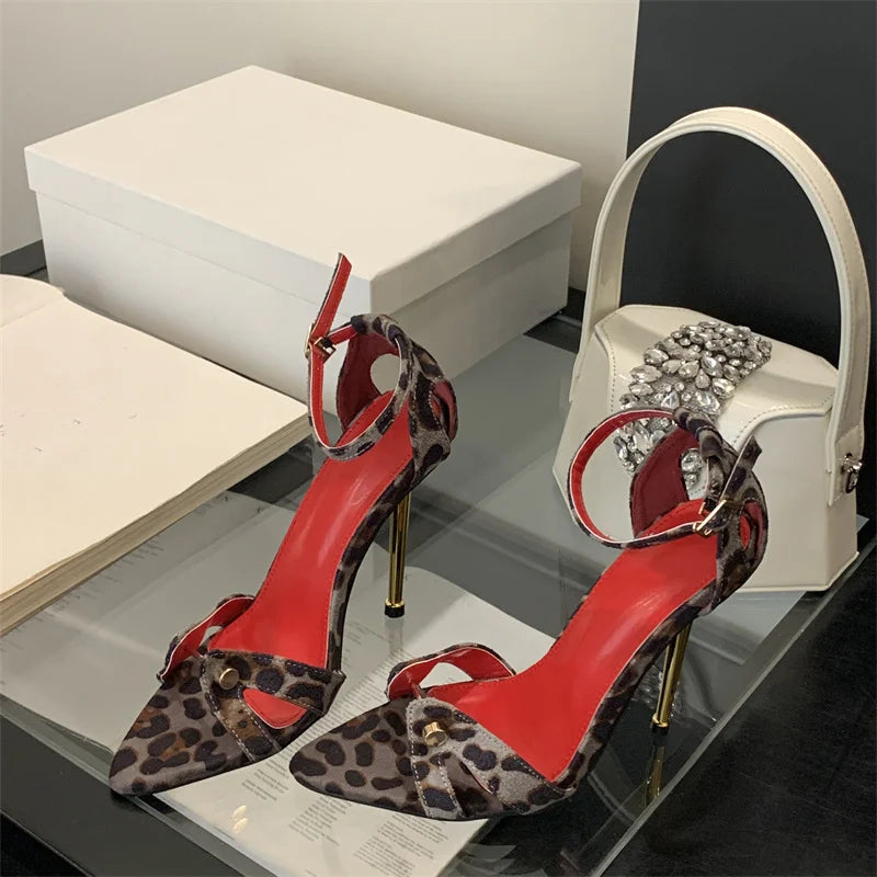 Liyke Leopard Print Ankle Strap Stilettos Sandals Women Party Dress Shoes Metal Narrow Band Pointed Toe Stripper Heels Size 41