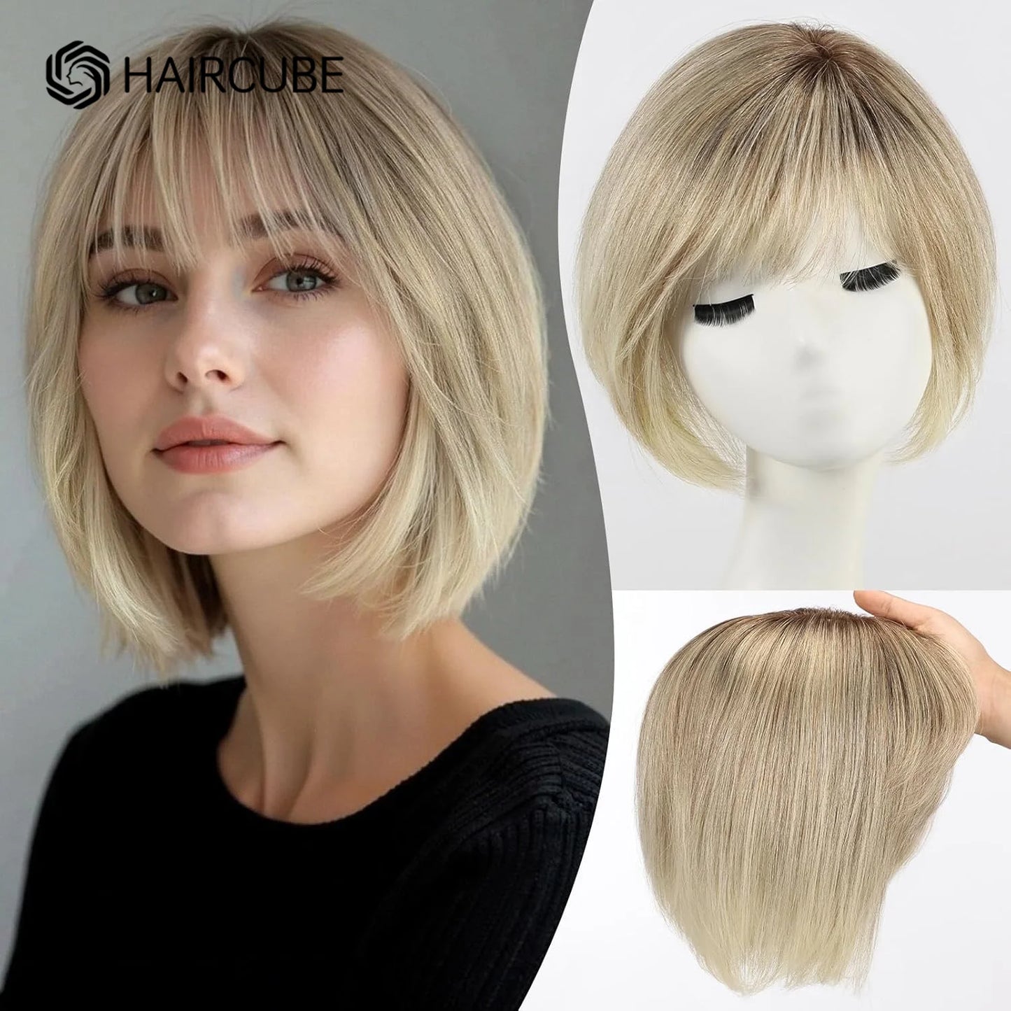 Ombre Gray Blonde Real Human Hair Toppers 6.5*6.5inch Large Base 4Clips Topper 10inch Hair Topper for Women with Bangs Side Part