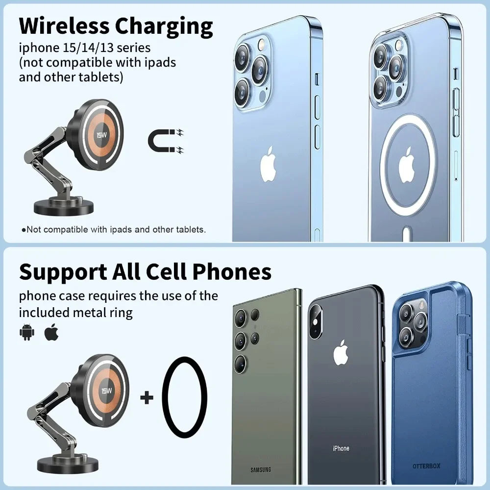 15W Magnetic Car Phone Holder Mount Wireless Charger Fast Charging Rotation Magnetic Car Phone Stand for IPhone 16 15 14 13 12