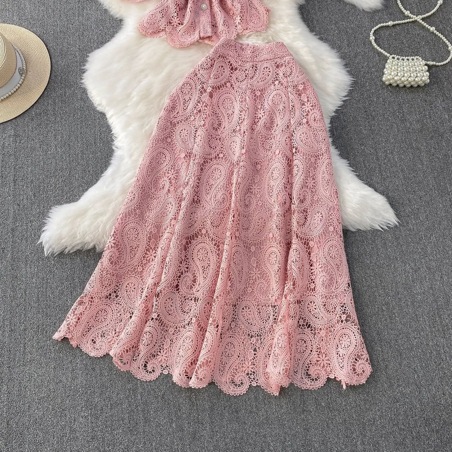 Women Two Piece Sets Skirt Set Embroidery Lace Hollow Out Half Sleeve Shirt Long Skirts A Line High Waist Elegant Work Spring