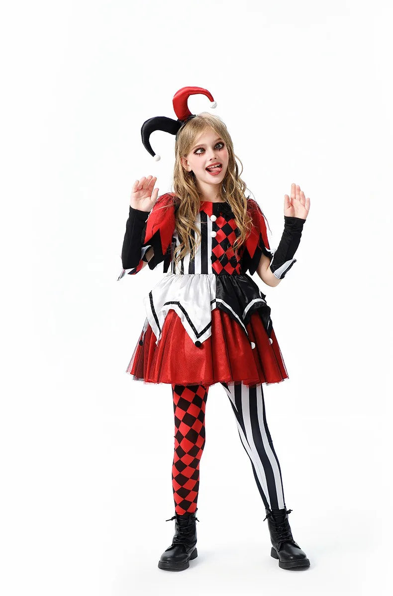 Halloween Cosplay Costumes Horror Clown Dresses Pants Headwear Clothes Sets Carnival Theme Party Role Playing Outfits for Girls