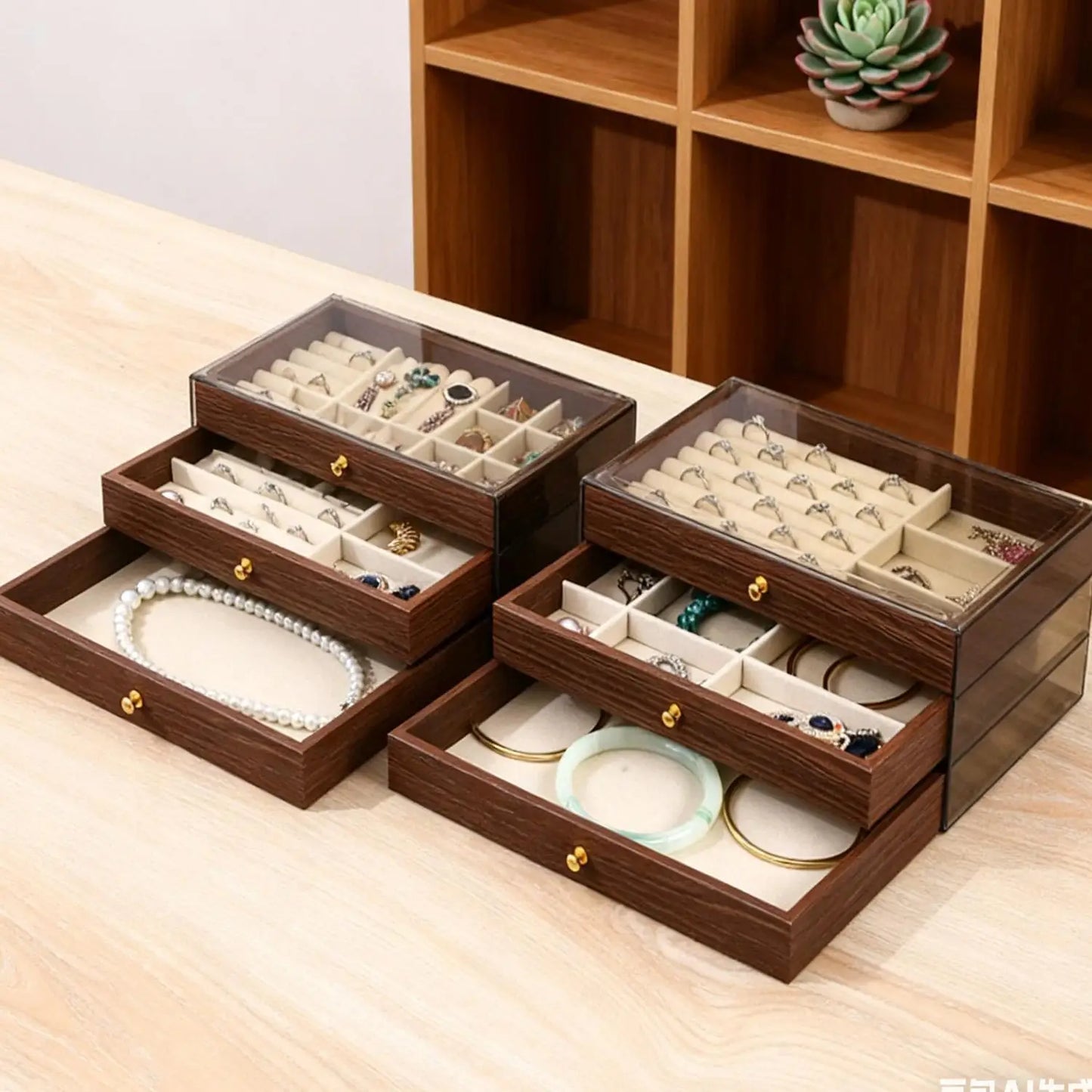 3-layer Large Capacity Drawer Walnut Wood Jewelry Storage Box Suitable for Earring Necklace Ring Jewelry Oxidation Prevention