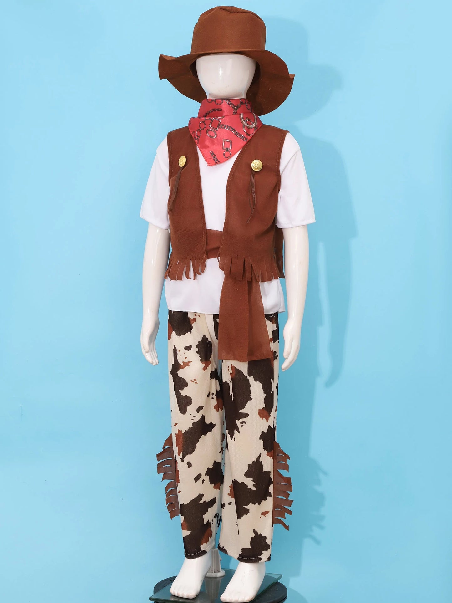 6Pcs Boys Western Cowboy Bandanna Halloween Cosplay Costume Dress Up T-shirt with Pants Vest Hat Bandana And Waistband Set