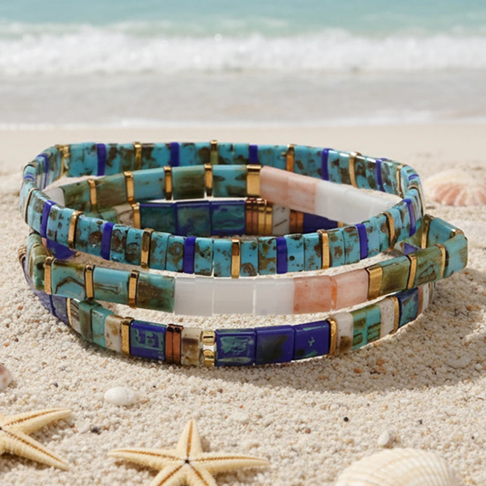 3PCS Colorful Tile Beaded Bracelet Set for Women Girls, Boho Square Beads Stretch Bracelets Summer Beach Holiday Fashion Jewelry