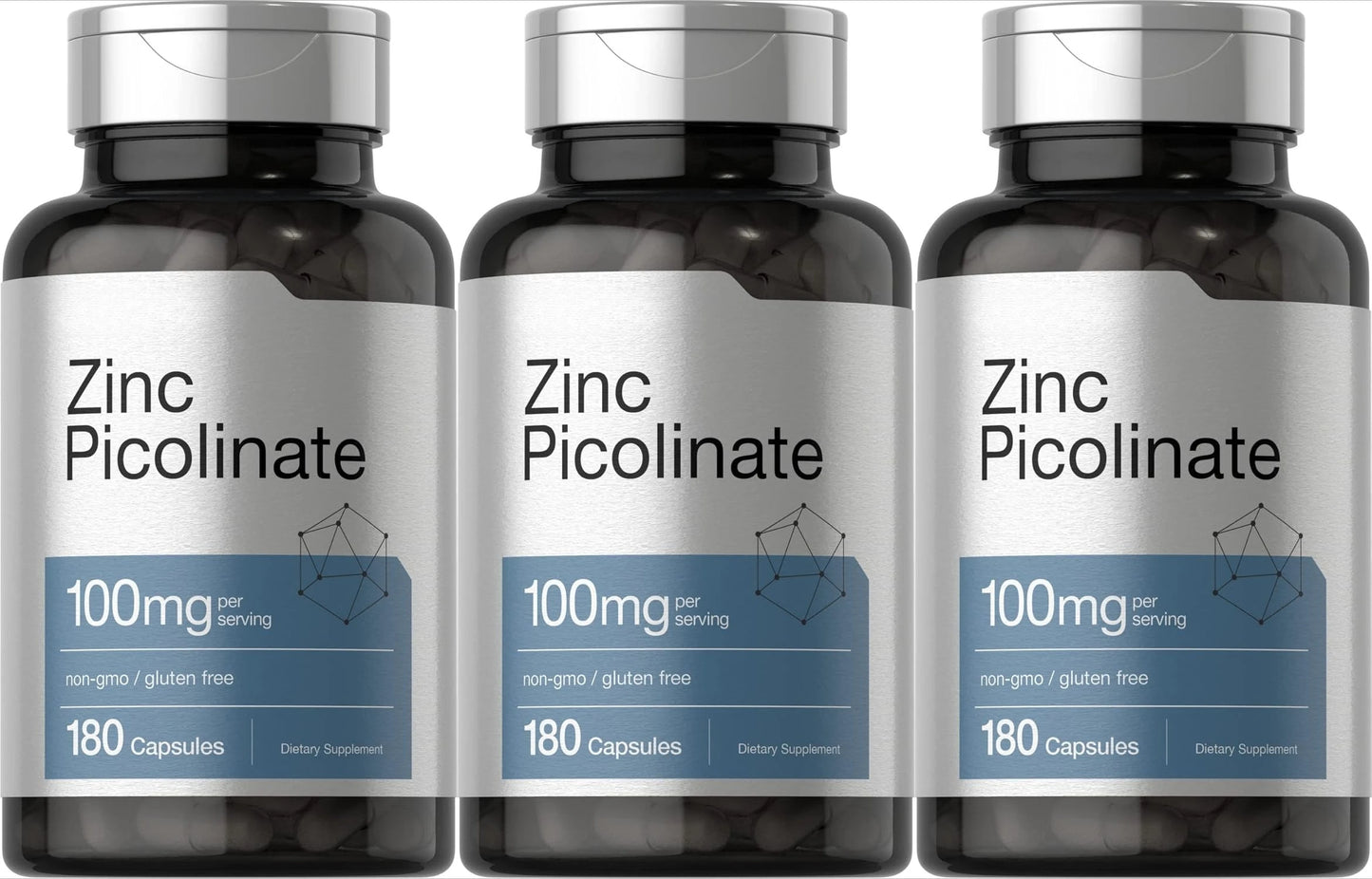 Zinc Picolinate 100mg 180 Capsules Mineral Supplement for Immune Support Skin Hair Nail Wellness Non-GMO Gluten Free for adults