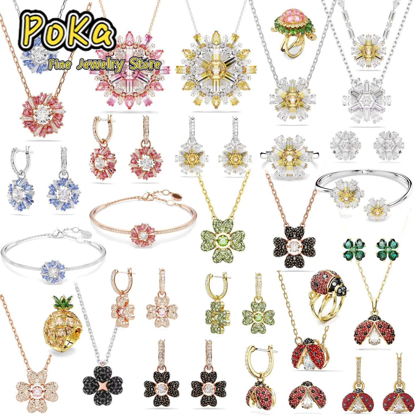 Snowflake Flowers Original New Sales Trend High Quality Jewelry Flower Sets Necklace Earring Ring Bracelet Pink Anniversary Gift