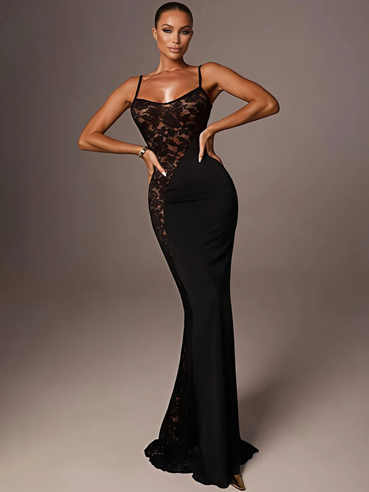 Mozision Spaghetti Strap Lace See Through Sexy Maxi Dress Women Elegant Black Sleeveless Backless Bodycon Club Party Long Dress