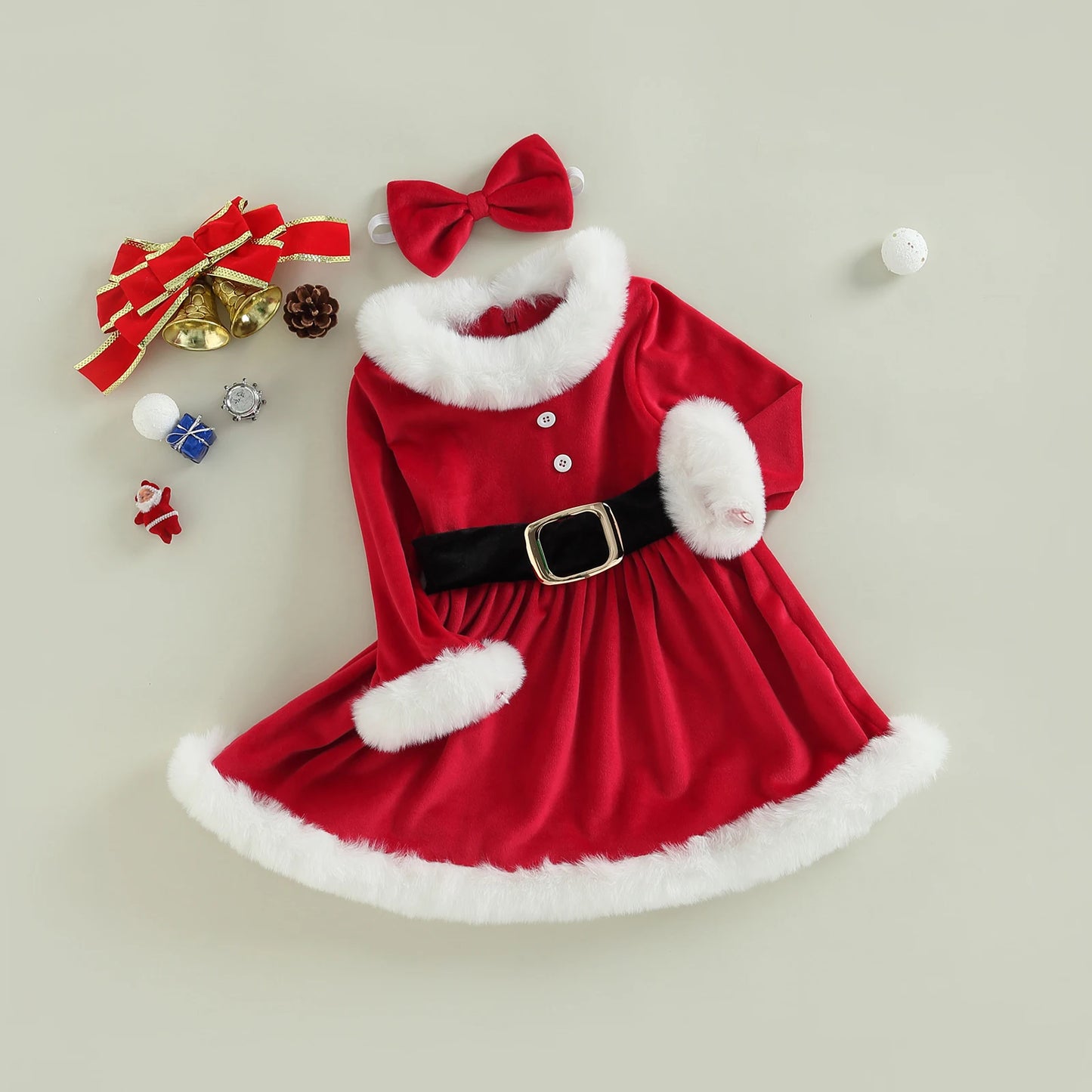 ma&baby 1-6Y 2024 Christmas Toddler Kids Girls Red Dress Plush Ruffle Velvet A-line Party Dresses +Bow Headband Xmas Costumes