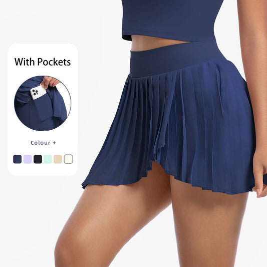 New Pleated Skirt With Pockets Summer Gym Sport Yoga Short Skirt Solid Color Tennis Skirt False Two-piece Sunscreen Tennis Skirt