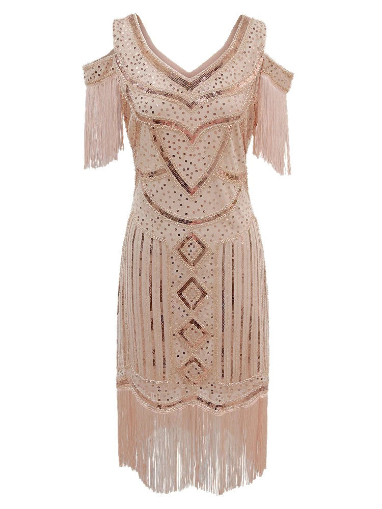 Women Fringe 1920s Flapper Dress 20s Gatsby Themed Party Dress Vintage V-neck Off Shoulder Sequin Beaded Cocktail Dress