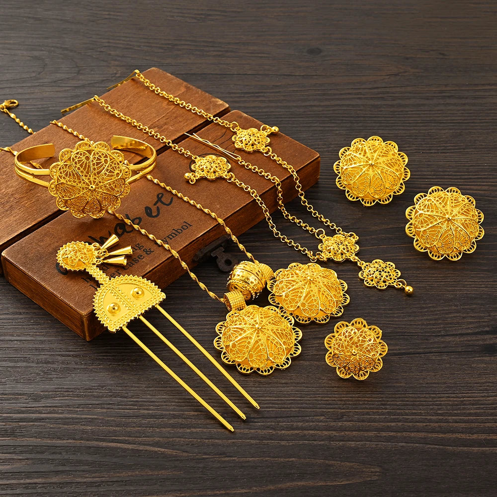 Luxury Golden Plated Bridal Jewelry Sets for Women Ethiopian Pendant Hairpin Necklace Earrings Bangle Ring Wedding Gift