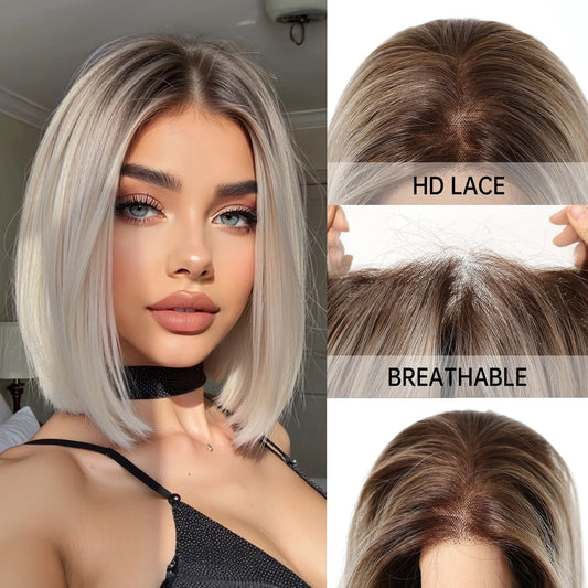 Topshe Short Bob 13x6 HD Lace Front Wig Ombre Blonde Straight Synthetic Wigs Glueless Pre-Plucked Heat Resistant Fiber Daily