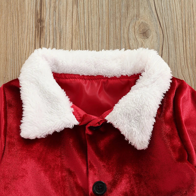 Toddler Baby Boys Girls Santa Costume Velvet Long Sleeve Christmas Jacket + Long Pants +Xmas Hat 3pcs Sets