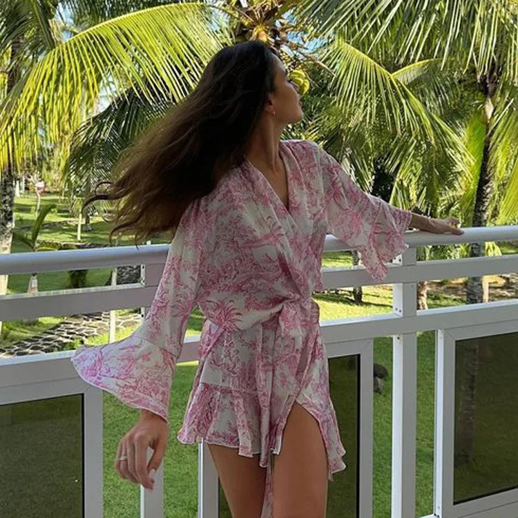 Tossy Ruffled Printed Lace-Up MIni Dress Women V-Neck Patchwork Contrast Fashion Elegant Bandage Party Dress Female Summer Dress