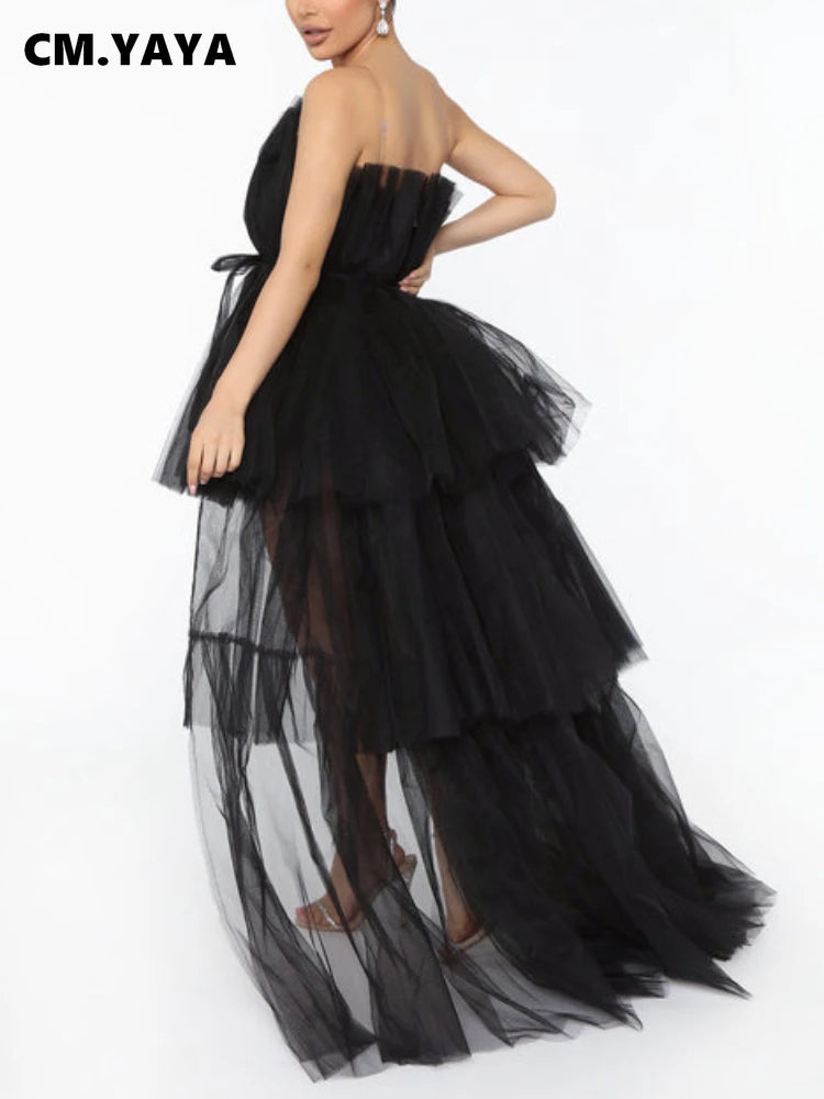 CM.YAYA Women Strapless Mesh Ball Gown High Low Irregular Cocktail Dress 2023 Autumn Vestidos Sexy Party Even Dresses