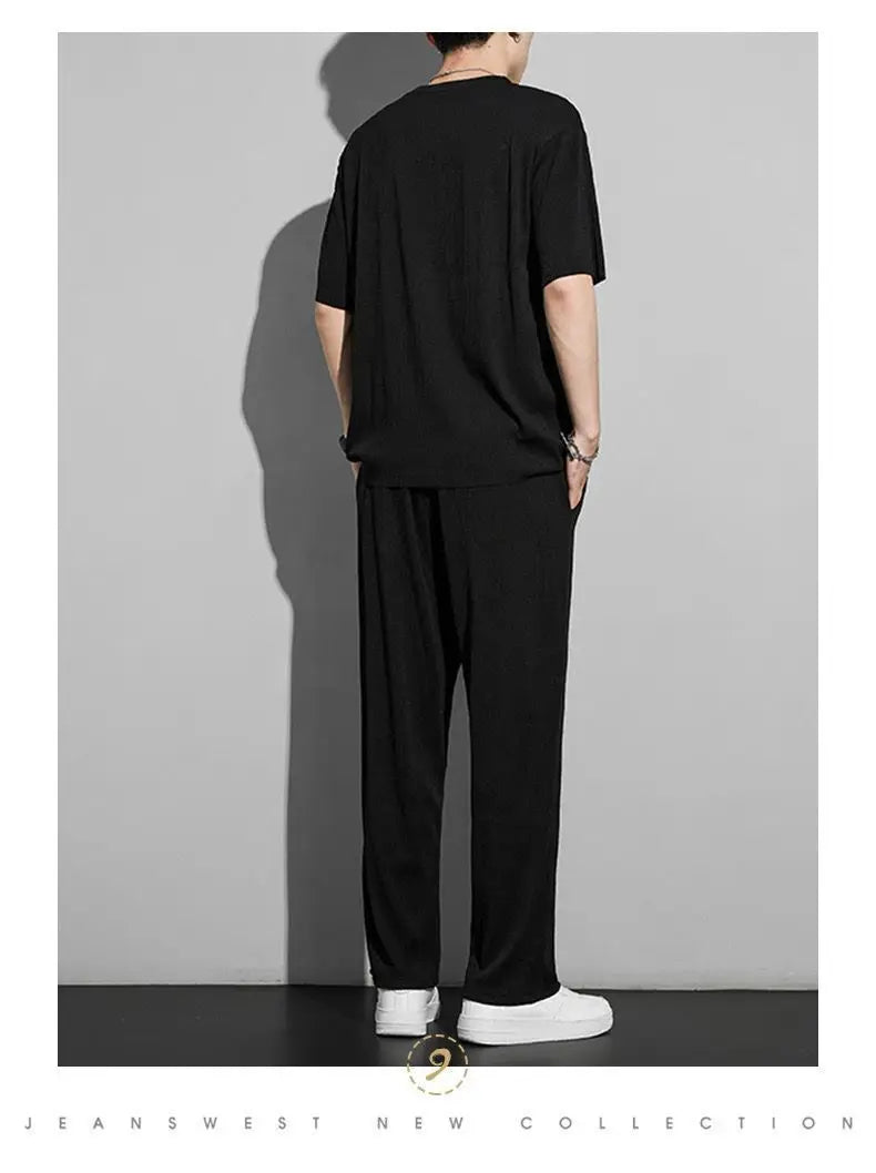 New Ice Silk Sports Set Men's Summer Thin Tracksuit Men 2024 Casual Long Pants Short Sleeve T-shirt Quick Drying Clothes Sets