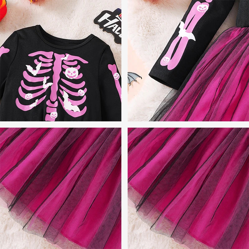 Girls Halloween Dress 2-7 Years Rainbow Skeleton Costume with Glow-in-Dark Print Toddler Party Dress for Witch Party & Cosplay