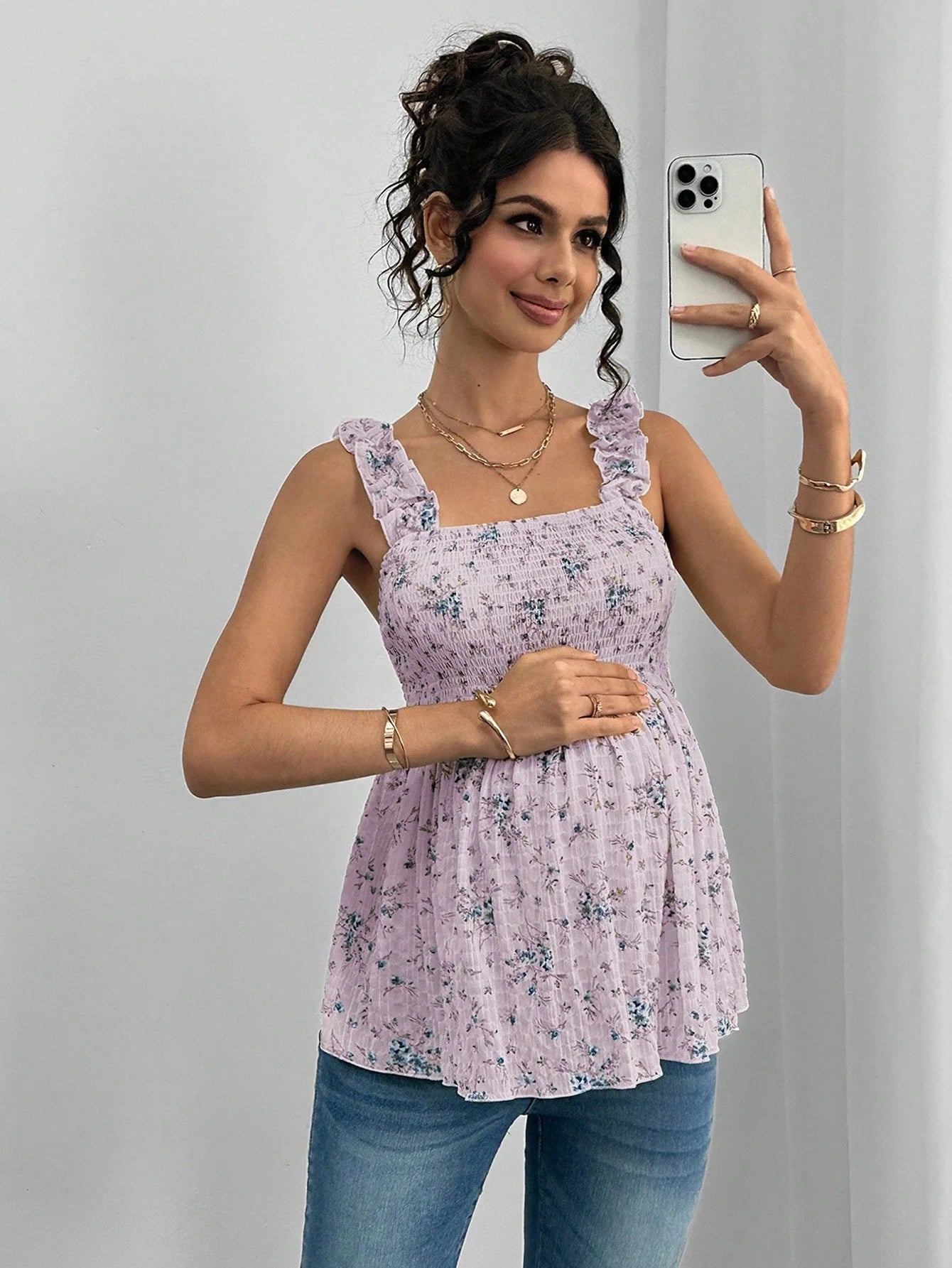 Maternity Clothing Spring and Summer New Printed Suspenders Maternity Top Square Collar A Word Maternity Vest Pregnancy Shirt