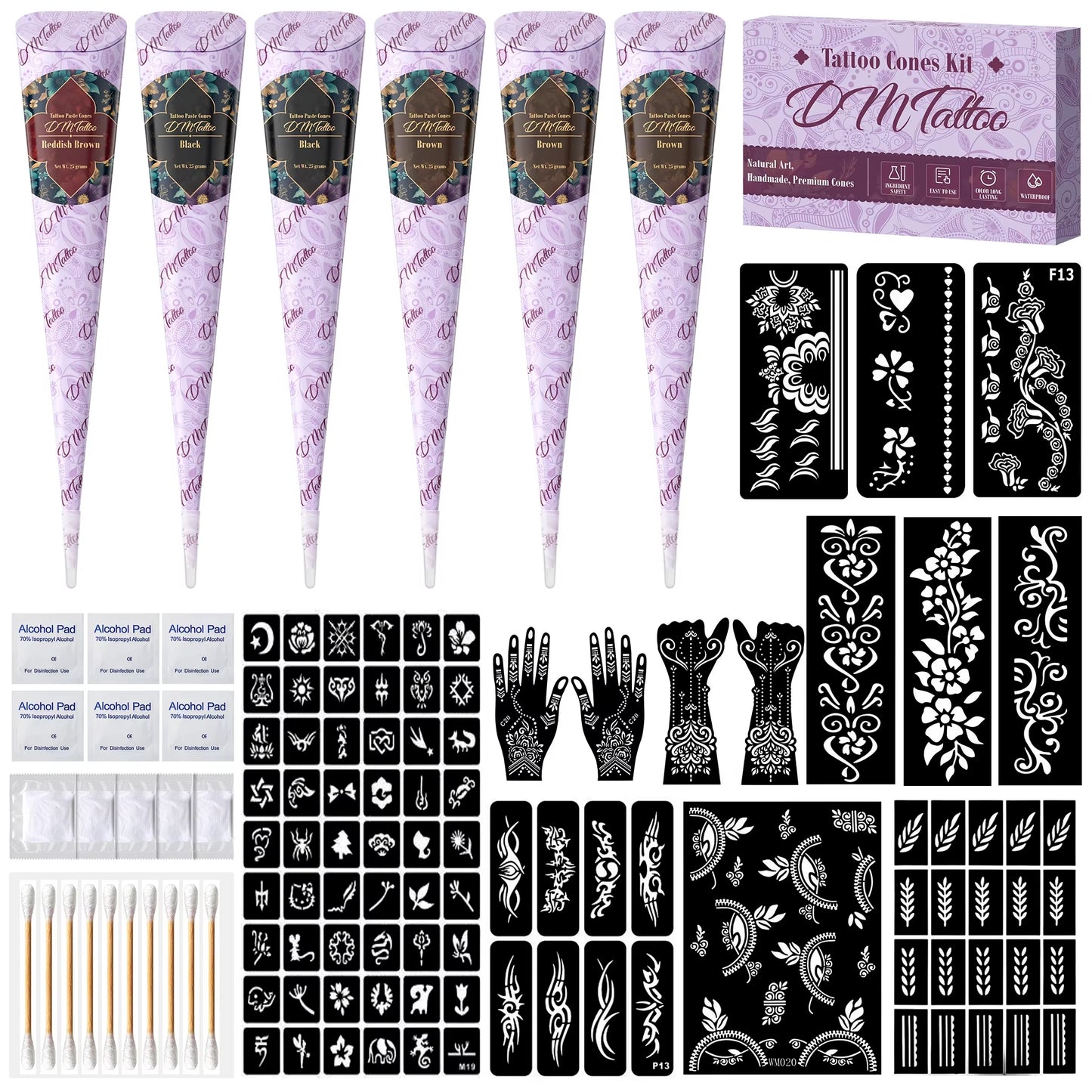 Temporary Tattoos Stencils Kit 3 Color(Brown Black Maroon) Ink with Gloves DIY Body Art Painting for Women Men Adults Kids