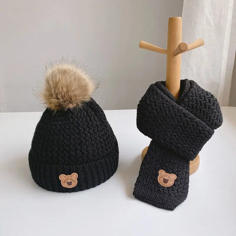 Children's Hat Scarf Set Winter Warm Autumn Winter Plush Boys and Girls' Little Bear Thick Ear Protection Baby Hairline Hat