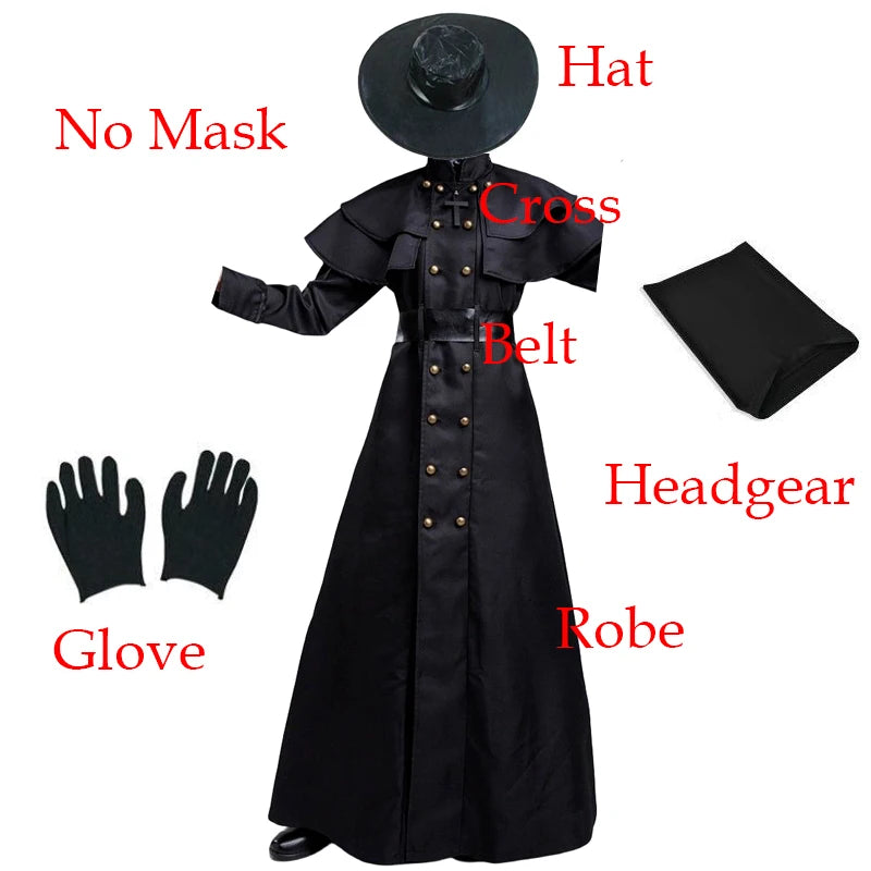 Halloween Plague Doctor Cosplay Hooded Robe Medieval Steampunk Priest Horror Wizard Cloak Cape With Long Nose Beak Leather Masks