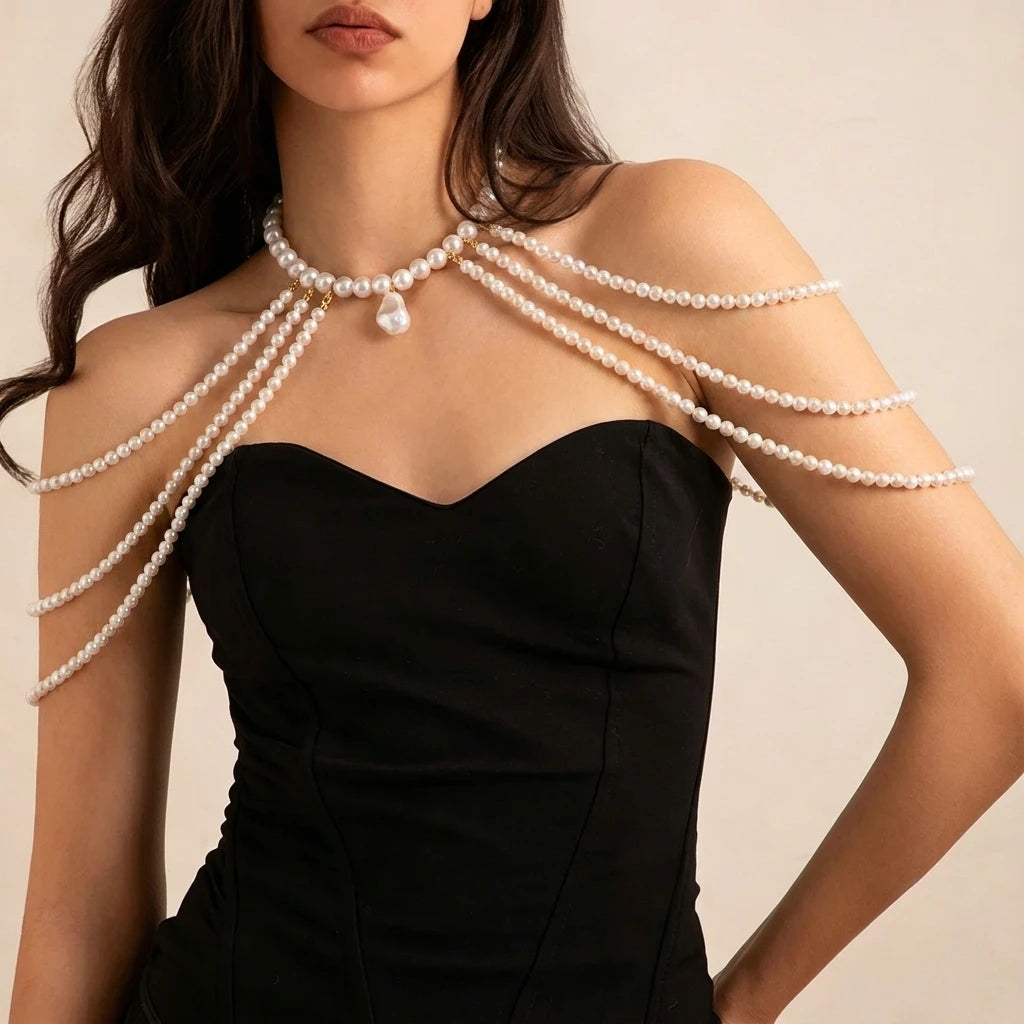 Elegant Multi-Layered Pearl Shoulder Chain Necklace for Women Luxury Wedding Dinner Body Chain Bridal Accessory